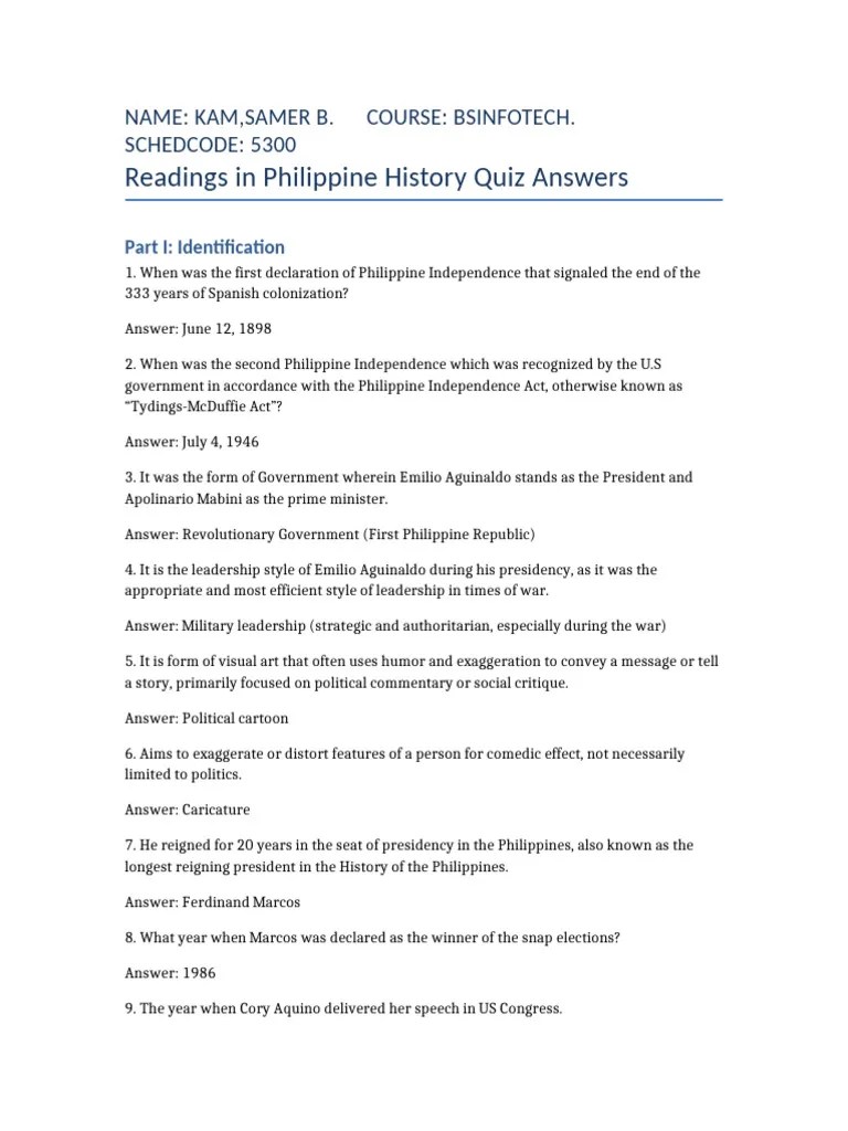 Philippine History Quiz Answers | PDF