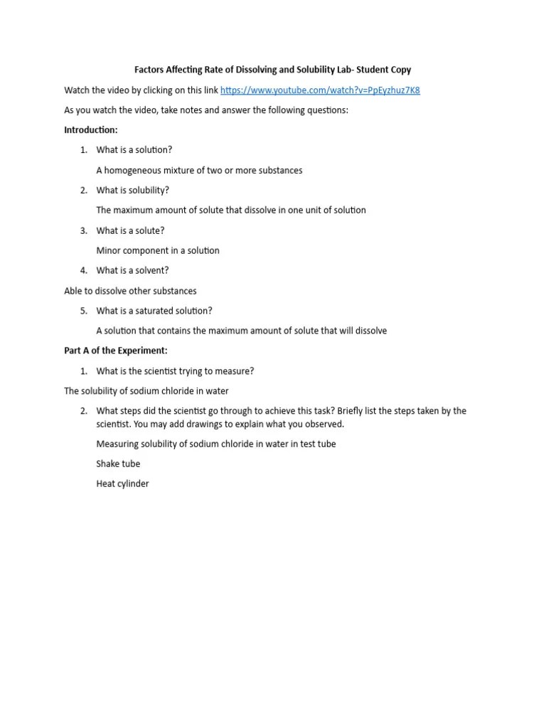 Factors Affecting Rate Of Dissolving And Solubility Lab-Student | PDF ...