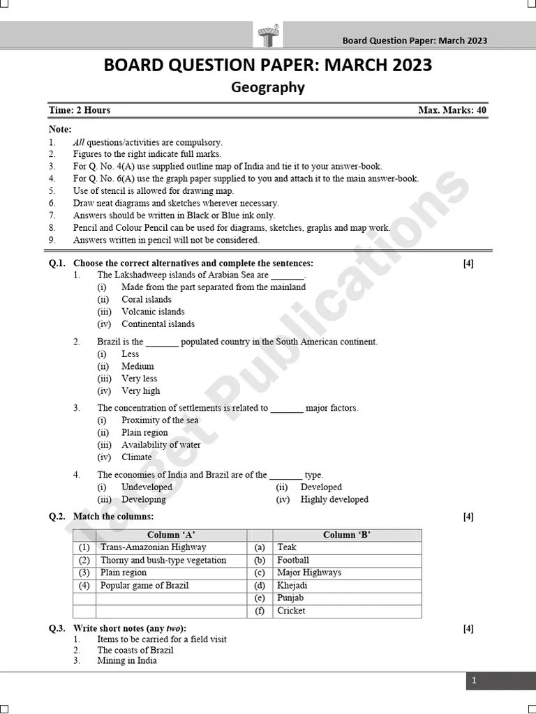 Std. 10th (EM) Geography Board Question Paper March 2023 ...