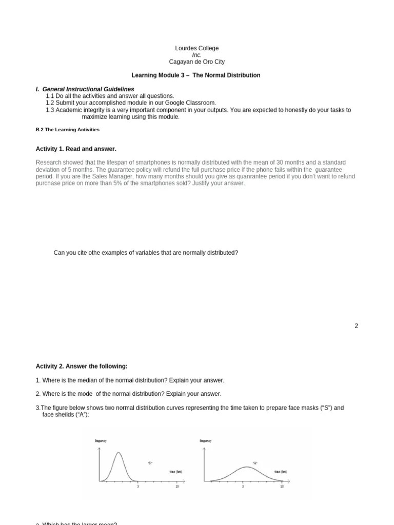Module 3 Normal Distribution Activities | PDF | Normal Distribution ...