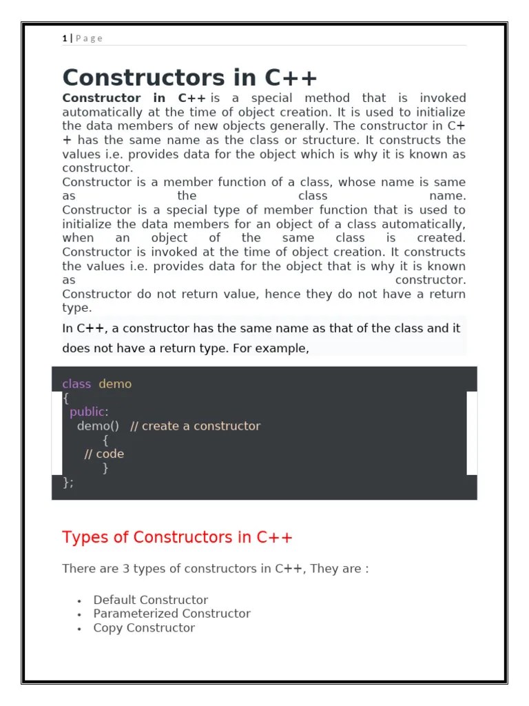 Constructors In C | PDF | Constructor (Object Oriented Programming ...