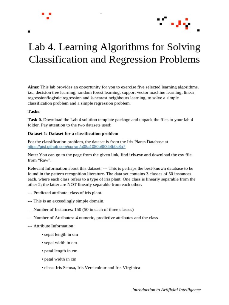 Lab 4 Specification | PDF | Statistical Classification | Machine Learning