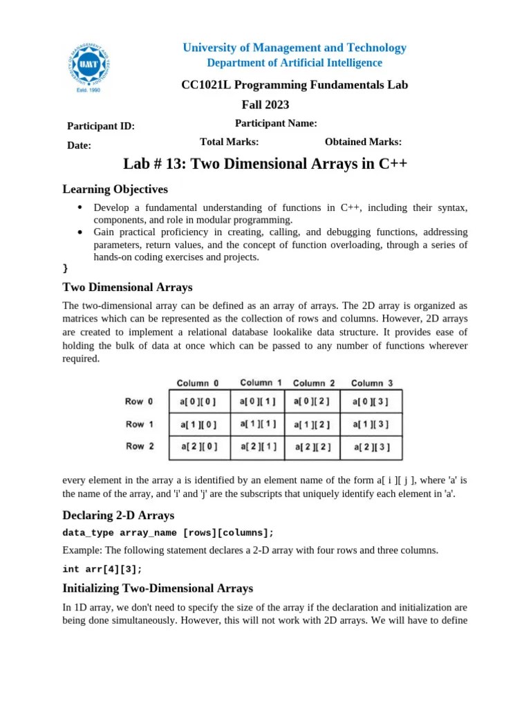 Lab # 13 Two Dimentional Arrays In C++ | PDF | C++ | Namespace