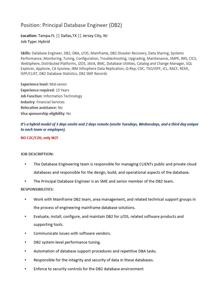 JD - Principal Database Engineer | PDF | Ibm Db2 | Databases