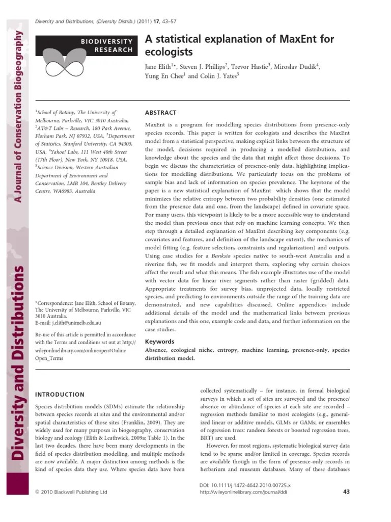 A Statistical Explanation Of MaxEnt For Ecologists - Elith - 2010 - Diversity And Distributions ...