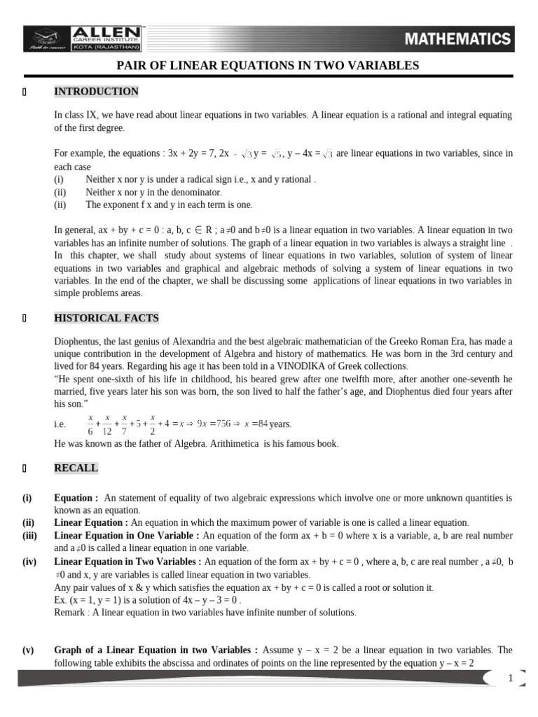 Pair Of Liner Equations In Two Variables | PDF | Equations | System Of ...