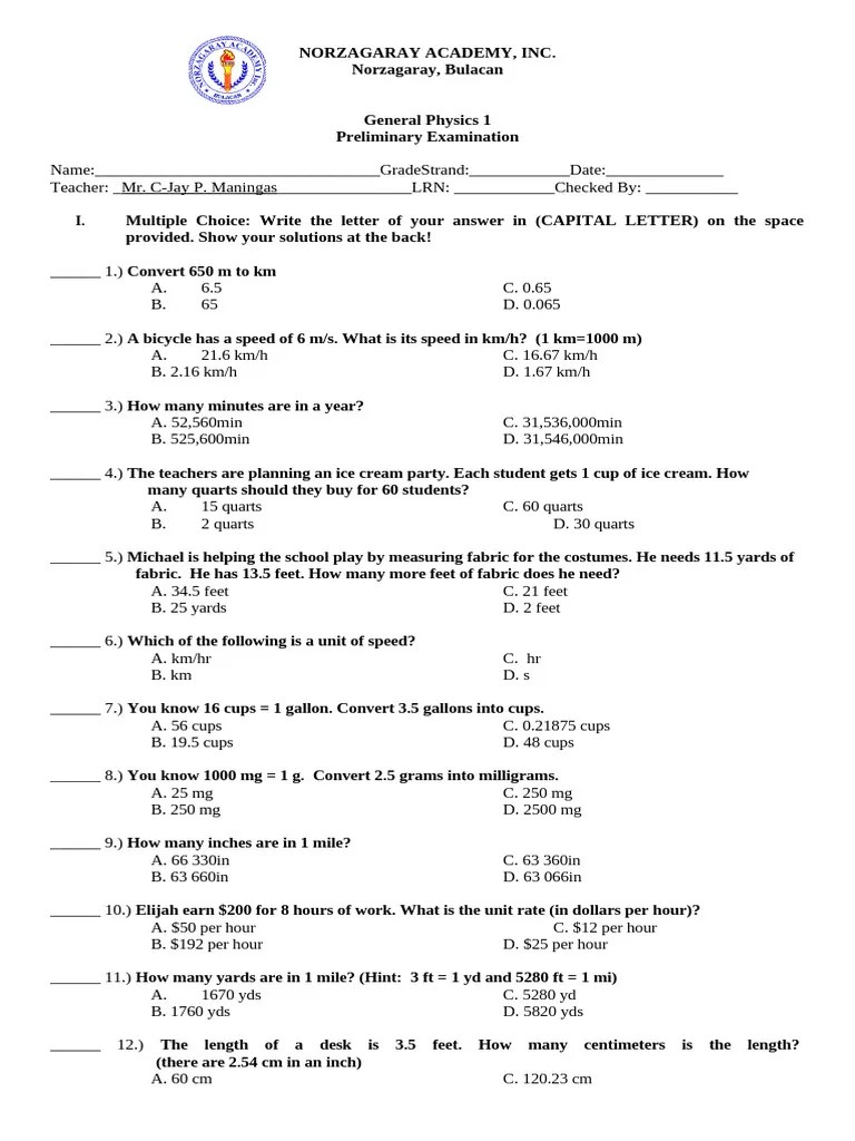 Gen Physics 1 PRELIMINARY EXAM | PDF | Foot (Unit) | Yard