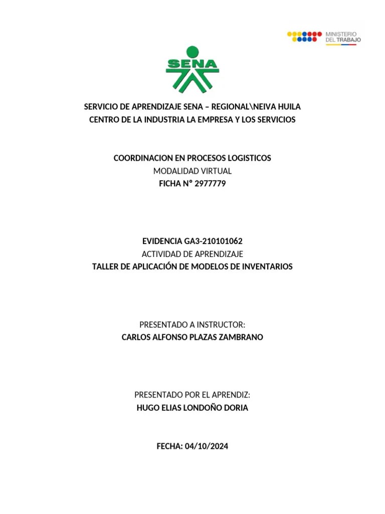 Evidencia GA3-210101062-AA1-EV02. Taller Aplicación De Modelos De Inventarios. | PDF ...