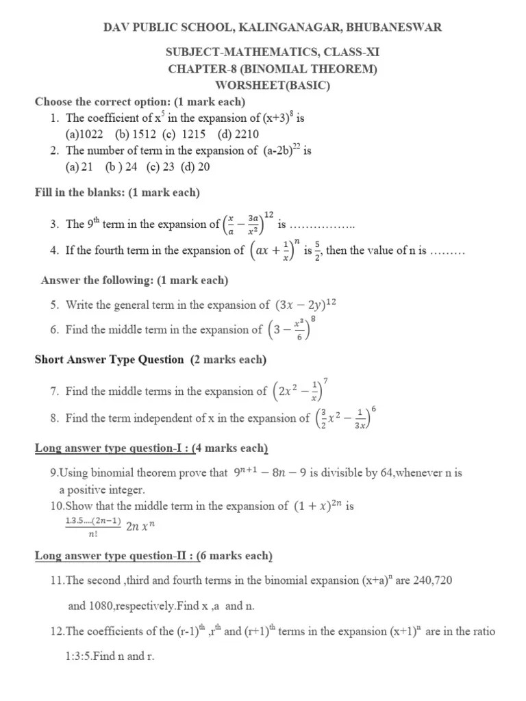 WS-Class XI-Binomial Theorem | PDF | Numbers | Mathematical Concepts