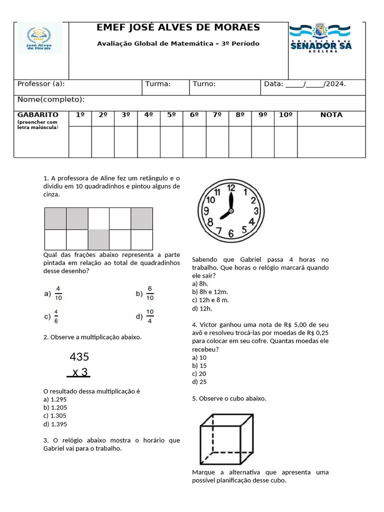 Avaliação De Matemática 4 ANO | PDF