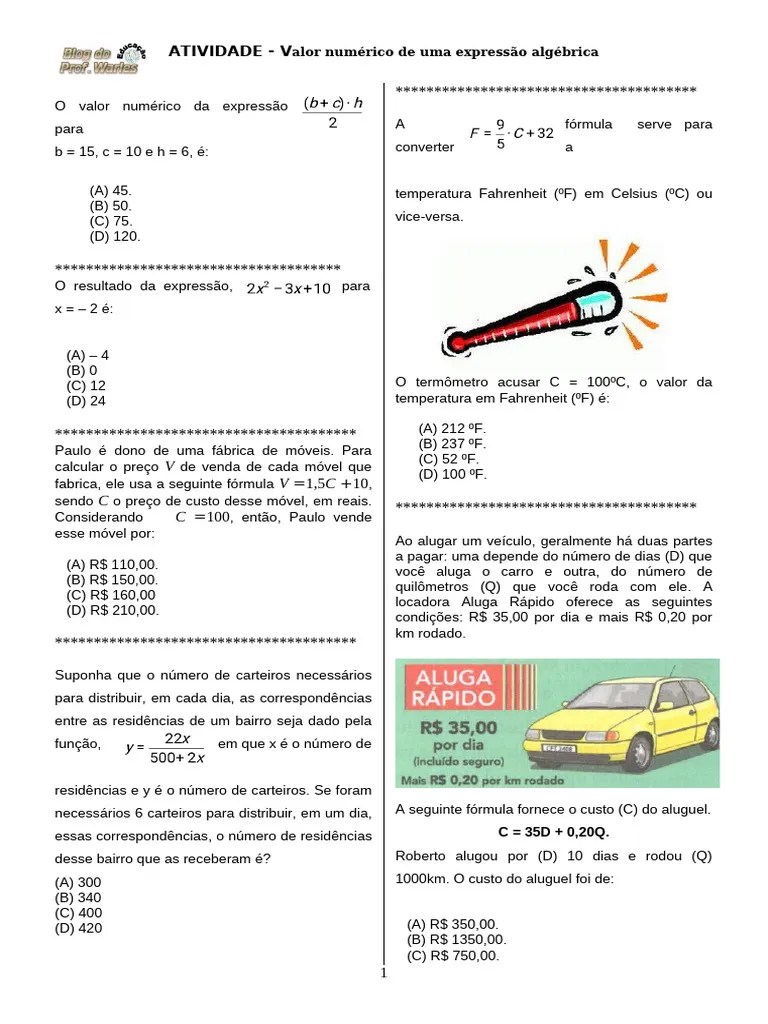 Valor Numerico De Uma Expressao Algebrica | PDF | Fahrenheit | Celsius