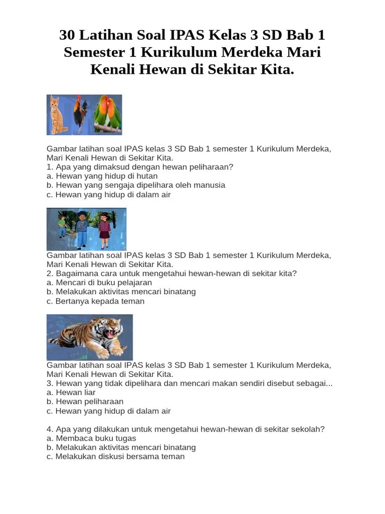 30 Latihan Soal IPAS Kelas 3 SD Bab 1 Semester 1 Kurikulum Merdeka Mari Kenali Hewan Di Sekitar ...