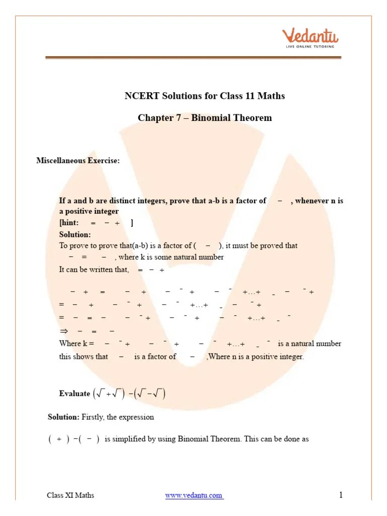 NCERT Solutions For Maths Miscellaneous Exercise Class 11 Chapter 7 Binomial Theorem | PDF ...