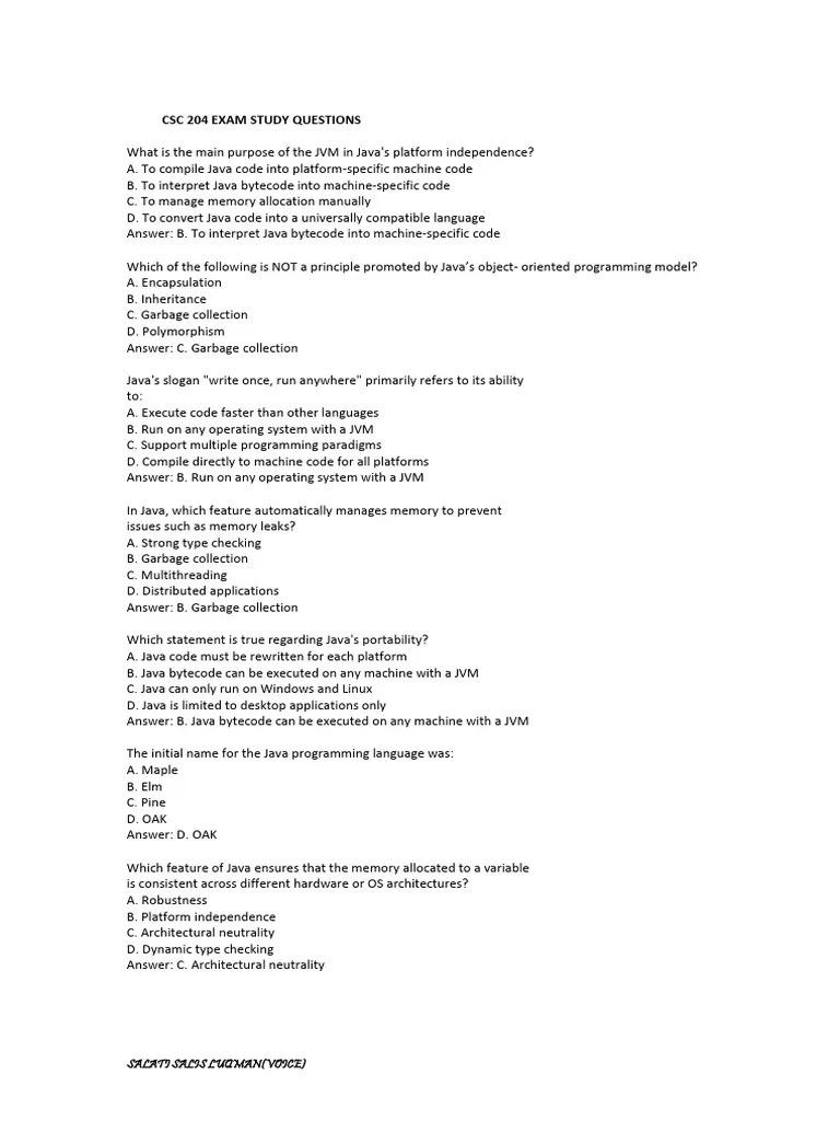 CSC 204 Exam Study Questions | PDF | Java (Programming Language ...