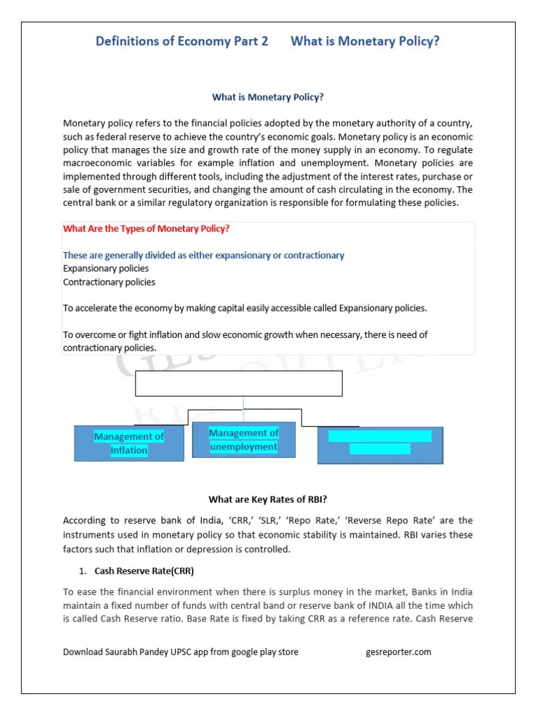 What Is Monetary Policy, CRR, SLR, Repo Rate, Reverse Repo Rate | PDF | Monetary Policy ...