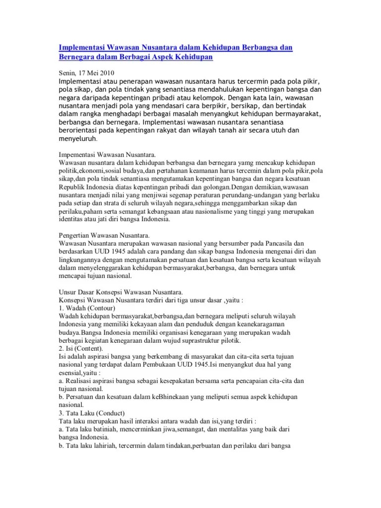 Implementasi Wawasan Nusantara Dalam Kehidupan Berbangsa Dan Bernegara  Dalam Berbagai Aspek Kehidupan | PDF