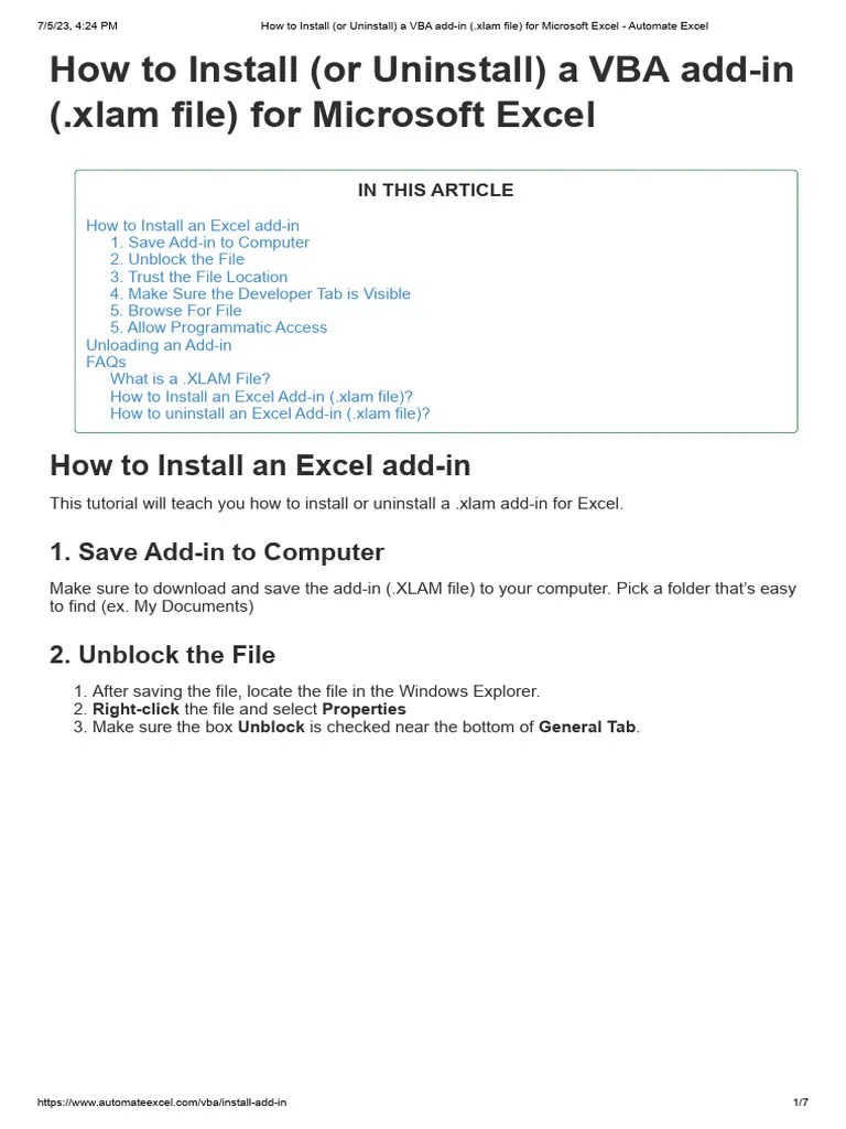 How To Install (Or Uninstall) A VBA Add-In (.Xlam File) For Microsoft ...