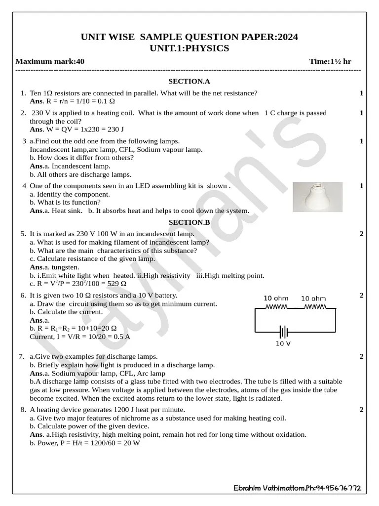 SHENIBLOG-SSLC -PHYSICS-UNIT WISE SAMPLE QUESTION PAPER-UNIT 01 _2024 ...