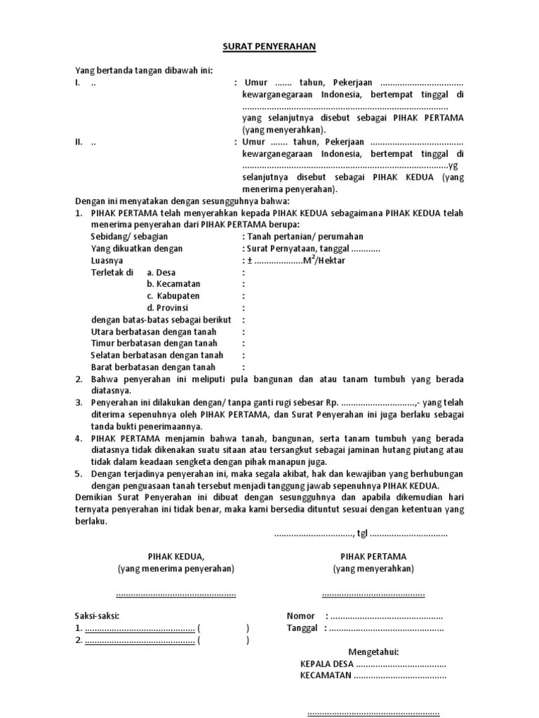 Untuk selanjutnya disebut pihak pertama. Surat Pernyataan Penyerahan Pdf