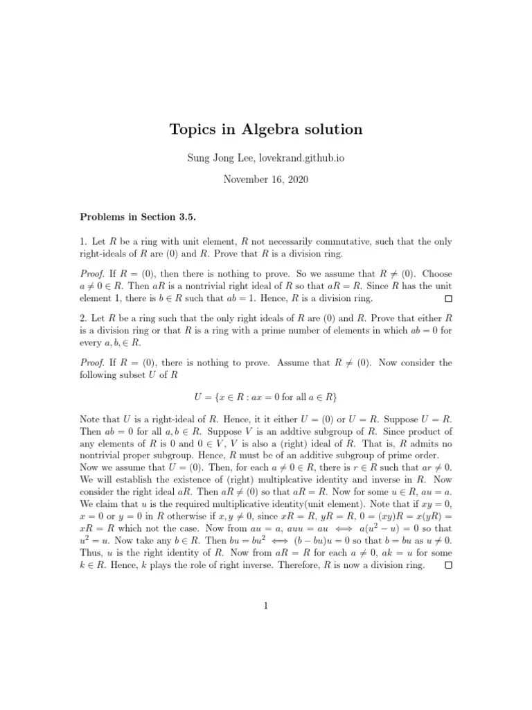 Herstein Topics In Algebra Solution-3.5 | PDF | Ring (Mathematics) | Compact Space