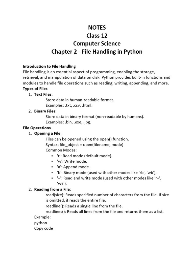 CLASS XII COMPUTER SCIENCE NOTES Chapter 2 File Handling In Python ...