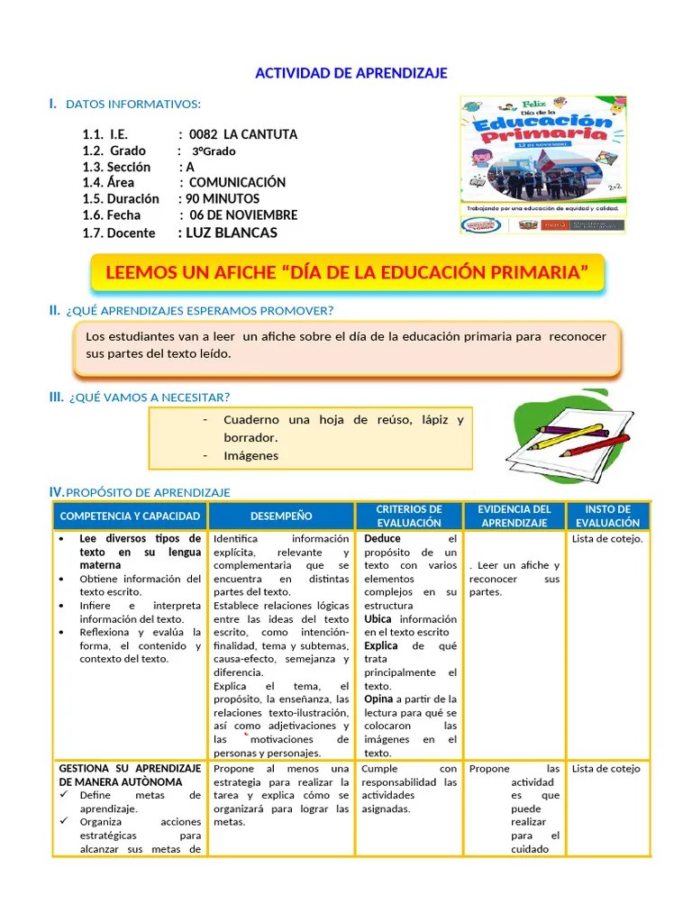 D3 A2 Sesion Com. Leemos Un Afiche “Día De La Educación Primaria” | PDF ...