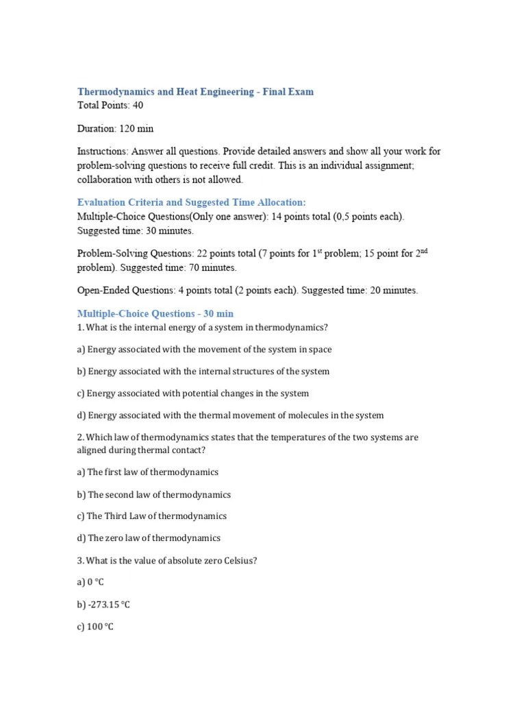 Thermodynamics Final Exam Sample | PDF | Heat | Entropy