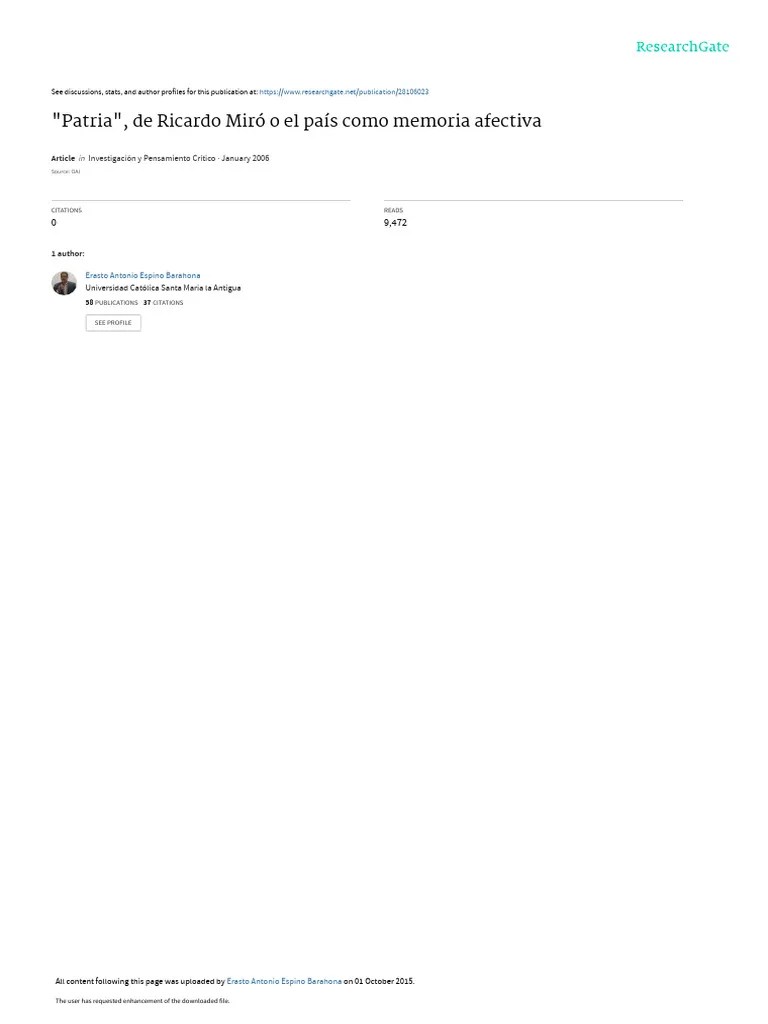 Patria De Ricardo Miro O El Pais Como Memoria Afec | PDF | Panamá