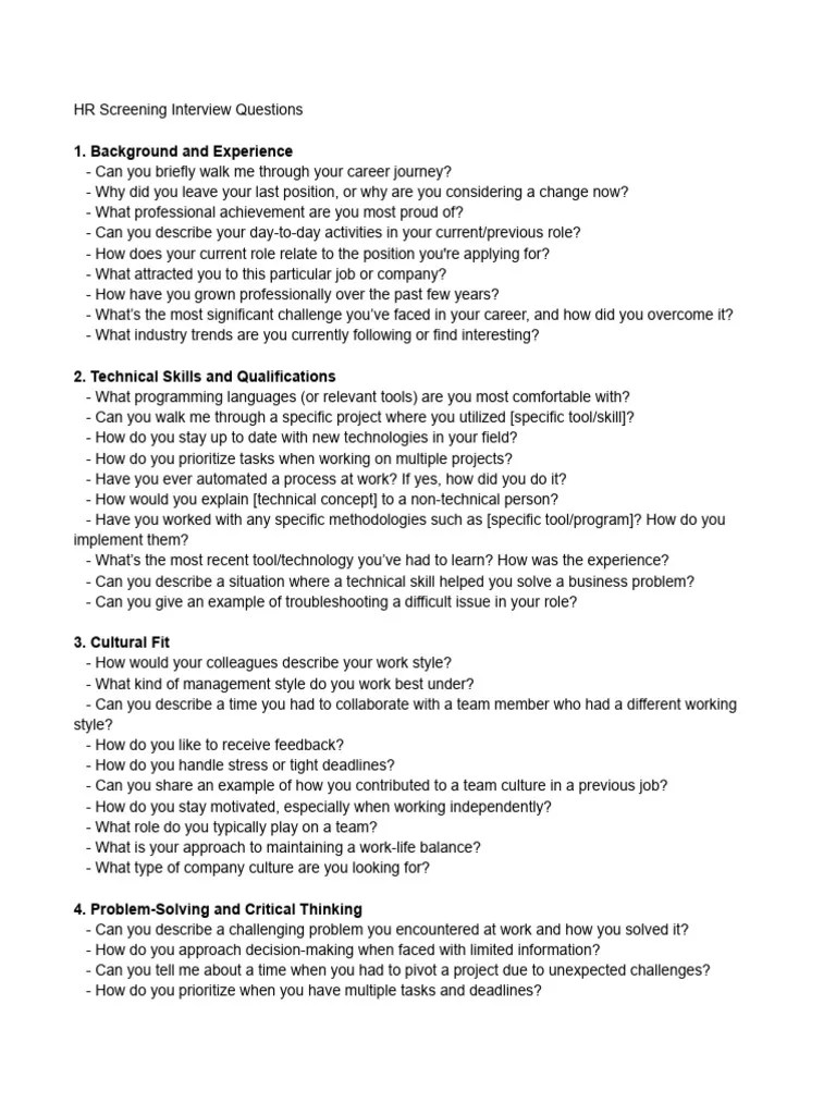 HR Screening Interview Questions | PDF | Psychological Concepts | Cognition