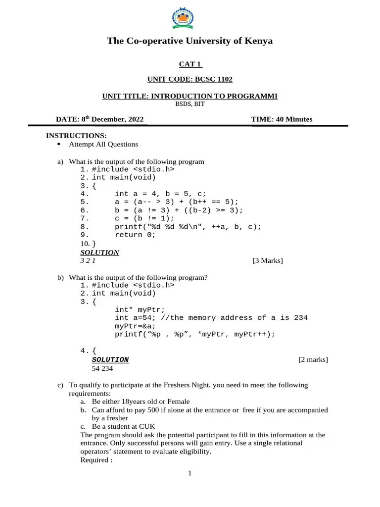 BCSE 1102 INTRODUCTION TO PROGRAMMING CAT2 G1 Marking Scheme | PDF ...