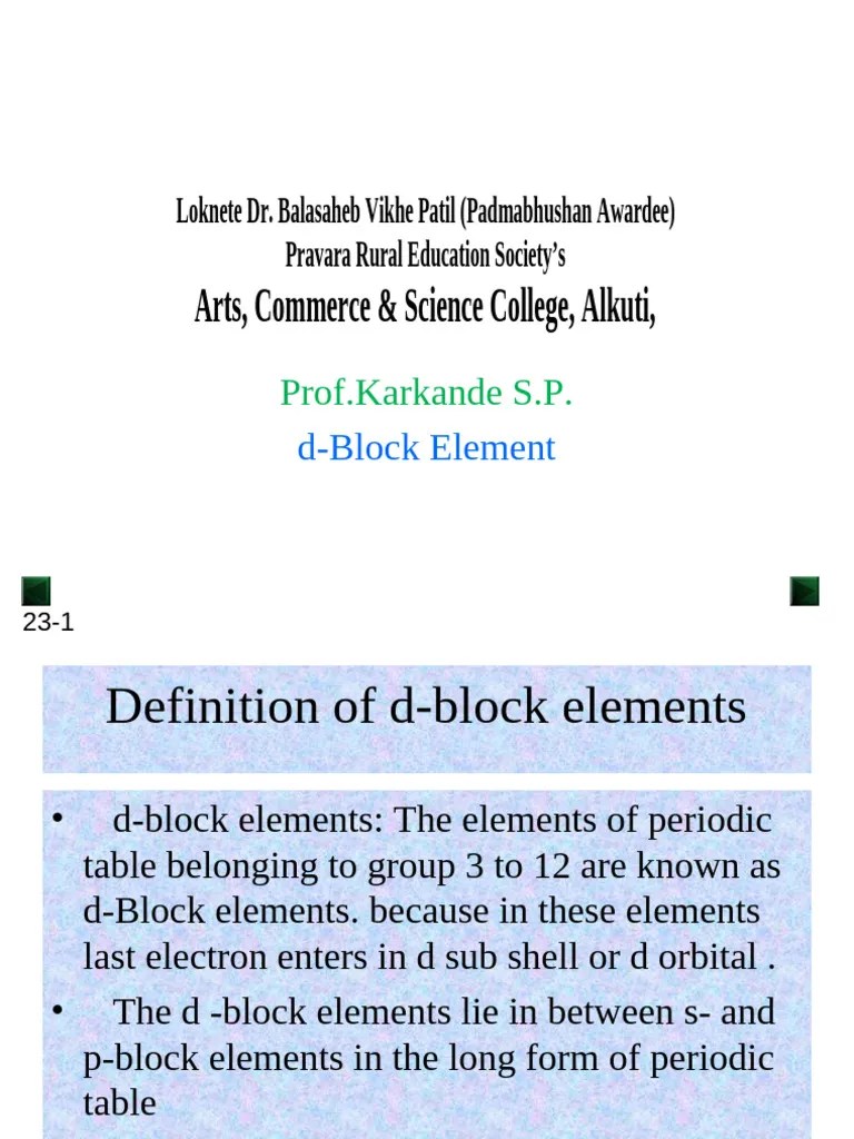D Block Elements | PDF | Transition Metals | Ionic Bonding