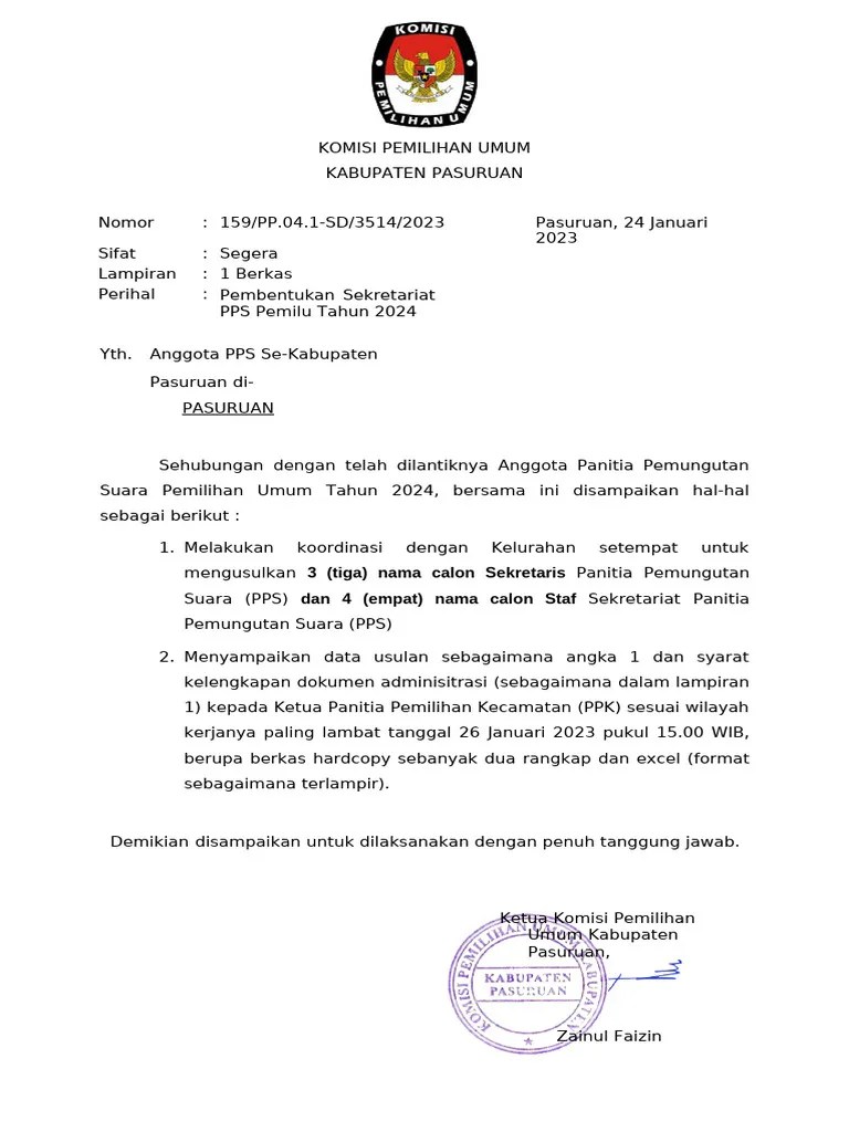Surat Pengantar Pembentukan Sekretariat PPS Pemilu 2024 | PDF