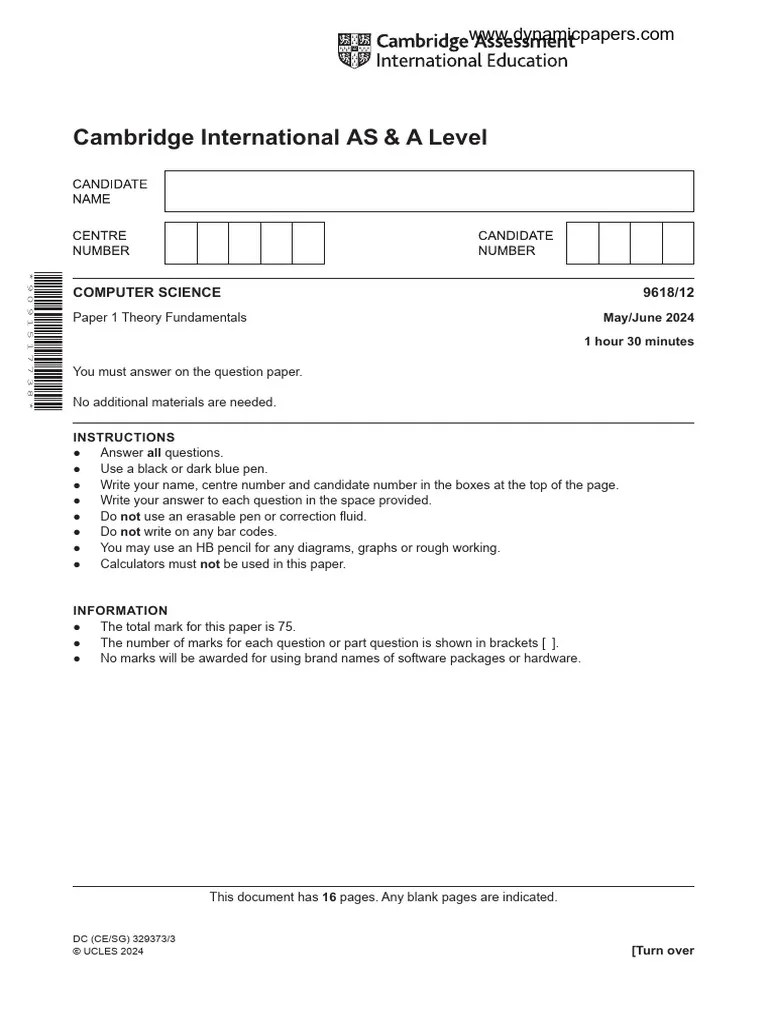 Cambridge International AS & A Level: Computer Science 9618/12 | PDF ...