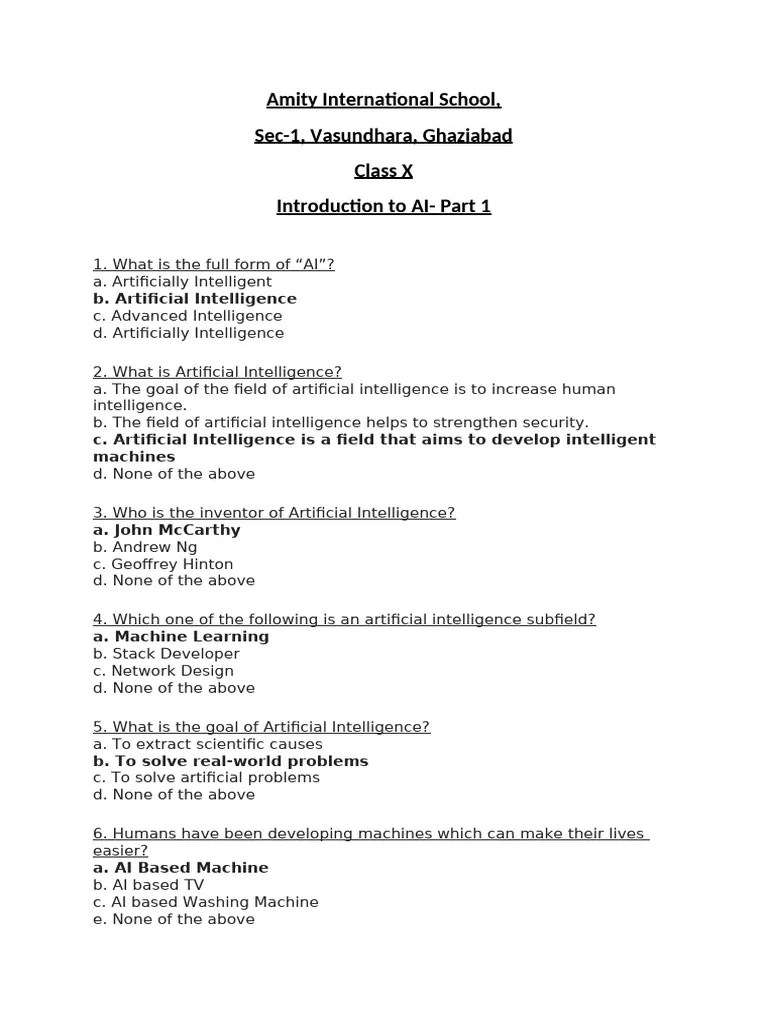 Intro To AI- 1 MCQ Ans | PDF | Intelligence (AI) & Semantics ...
