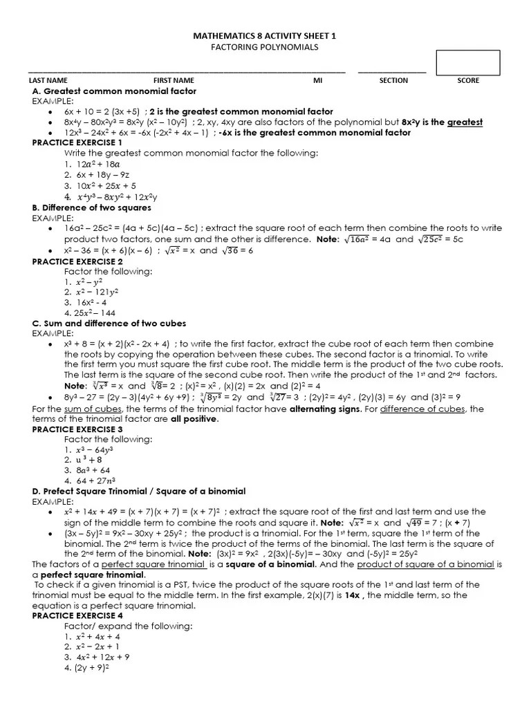 Activity Sheet 1 (Factoring Polynomials) | PDF | Factorization | Zero ...