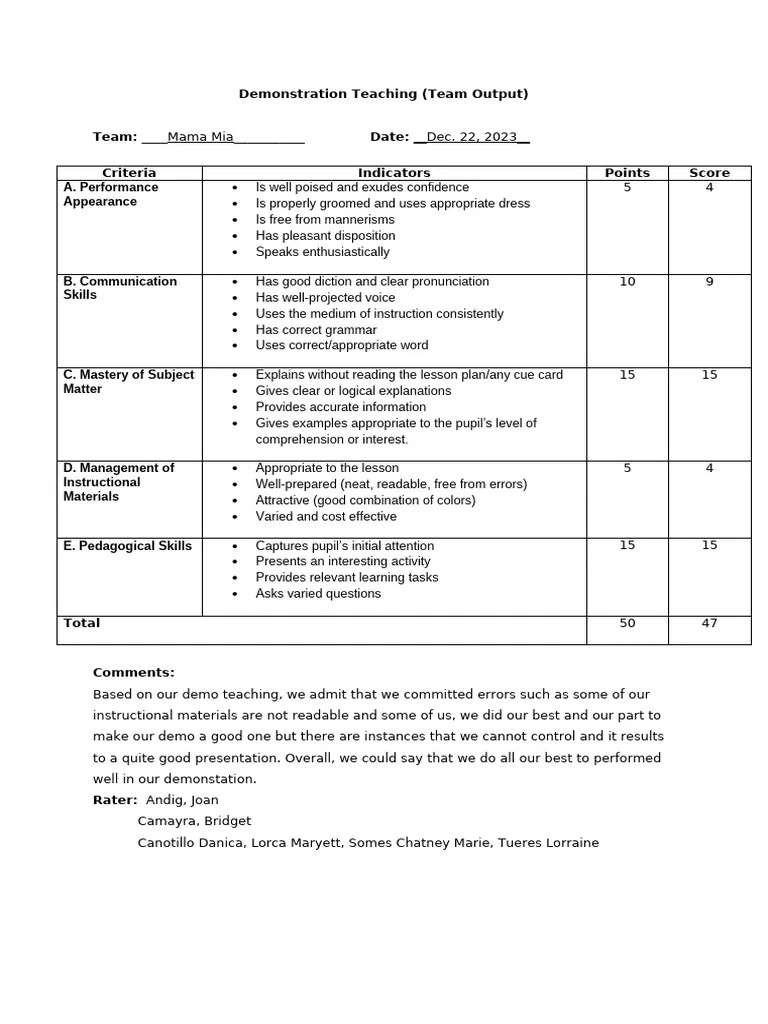 Demo Teaching Rubric Pdf Lesson Plan Learning