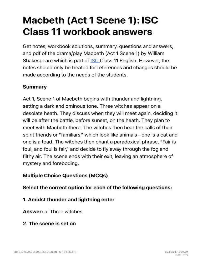 Macbeth (Act 1 Scene 1) - ISC Class 11 Workbook Answ | PDF | Macbeth ...