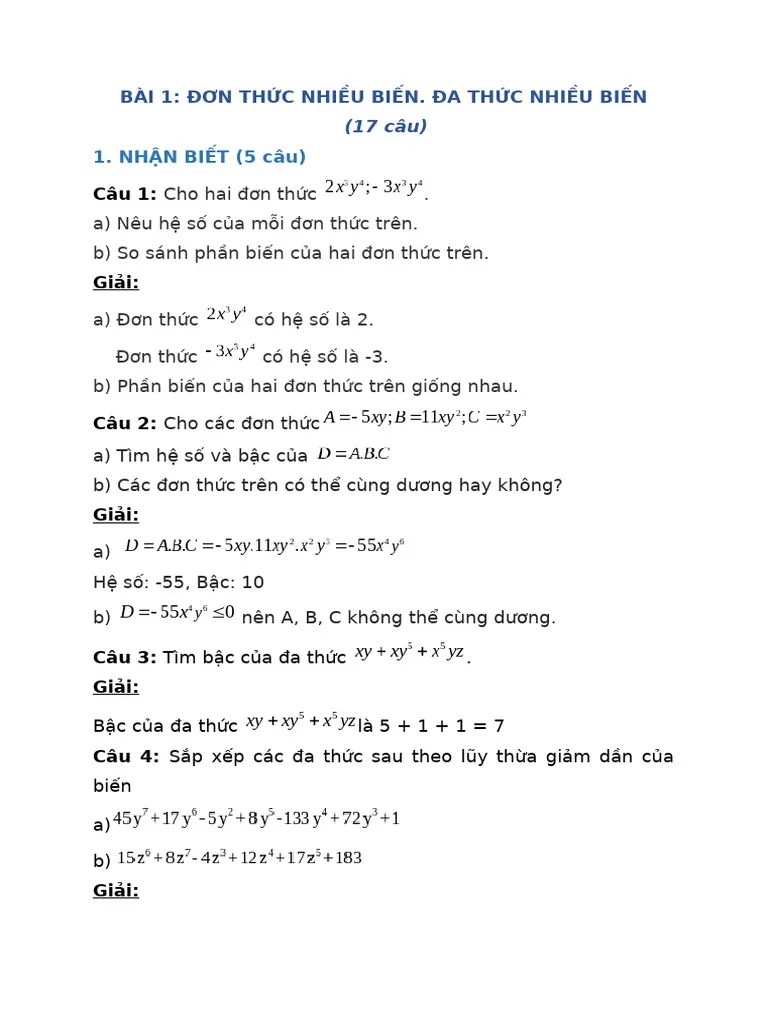 C1bai 1 Don Thuc Nhieu Bien. Da Thuc Nhieu Bien | PDF