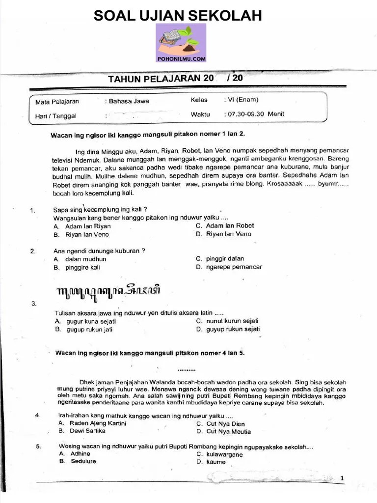 PDF Soal Ujian Sekolah Kelas 6 Bahasa Jawa - Compress | PDF