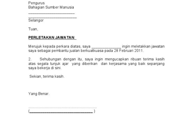 4 contoh surat berhenti kerja ikut situasi notis 24 jam 2 minggu sebulan versi bm. Contoh Surat Berhenti Kerja Dari Majikan Kepada Pekerja Laigtsre