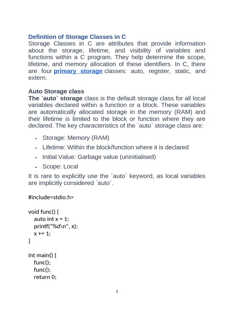 Storage Classes In C | PDF | Variable (Computer Science) | Scope ...