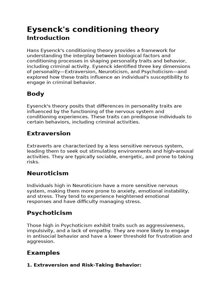 Eysenck S Conditioning Theory Pdf Extraversion And Introversion