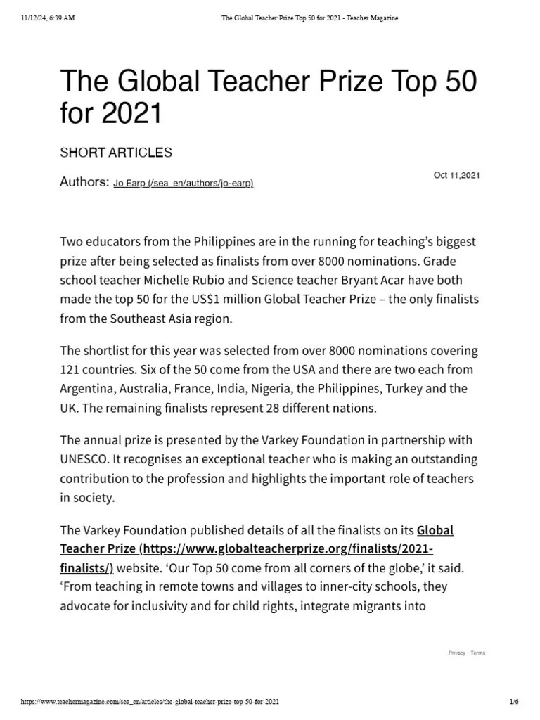 The Global Teacher Prize Top 50 For 2021 - Teacher Magazine | PDF ...