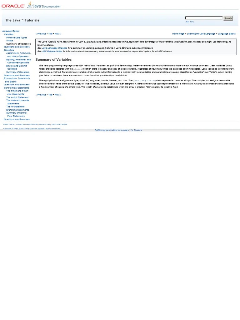 Summary Of Variables (The Java™ Tutorials - Learning The Java Language ...
