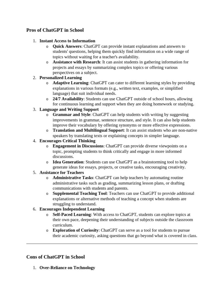 Pros And Cons Of Using Chatgpt At School | PDF | Teachers | Artificial ...