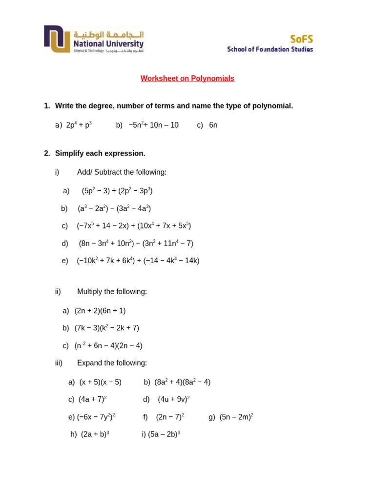 Worksheet On Algebraic Operations On Polynomials | PDF | Teaching ...