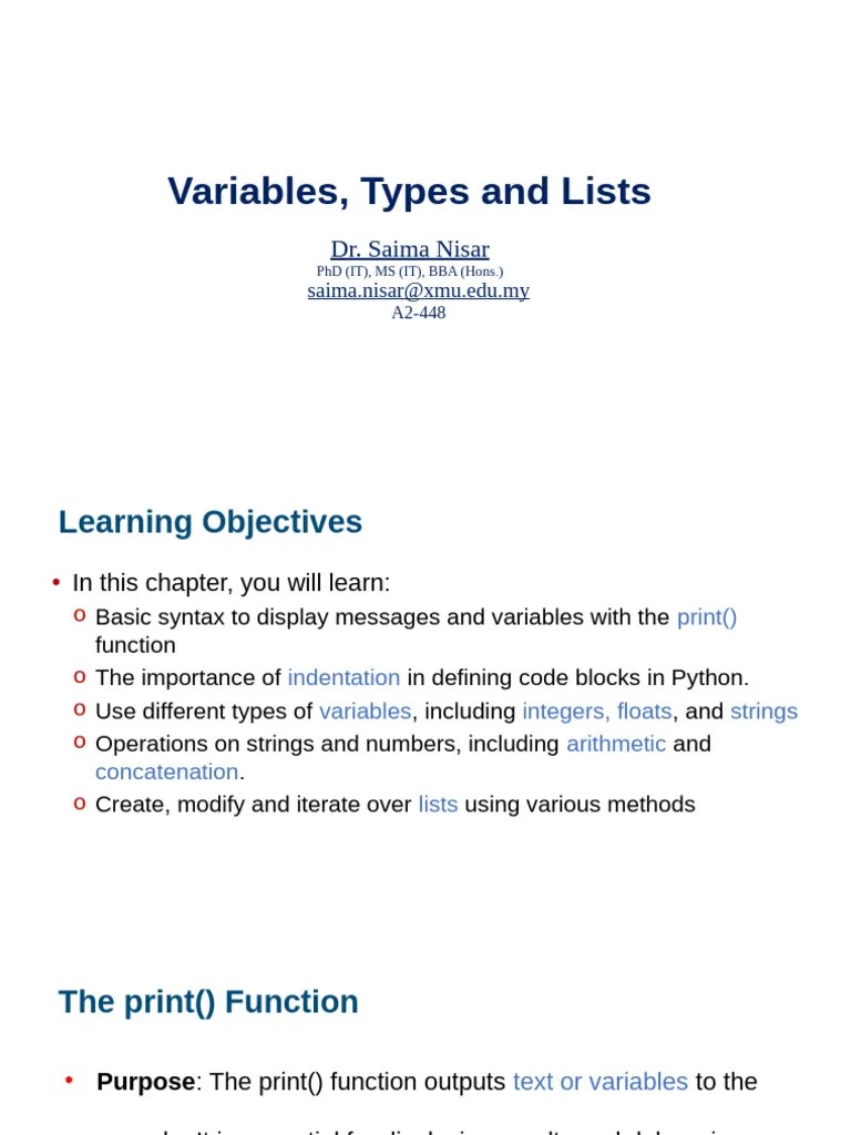 Python Lesson 3 Variables, Types And Lists | PDF | Python (Programming Language) | String ...