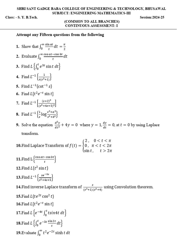 SY_BTECH_EM-III(CA-I) | PDF | Laplace Transform | Mathematical Physics