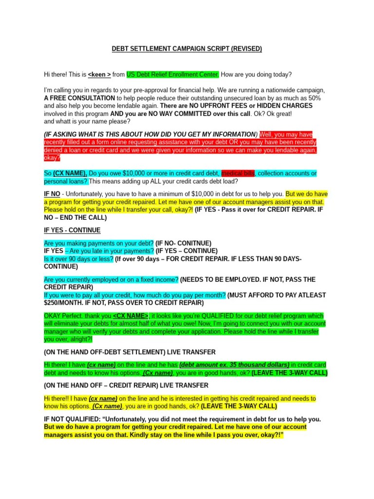 Debt Settlement Campaign Script | PDF | Debt | Credit