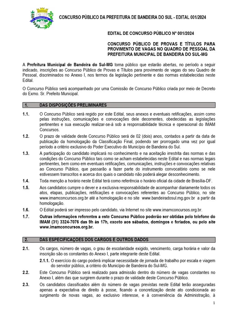 Edital De Concurso Publico 001 2024 Prefeitura De Bandeira Do Sul MG ...